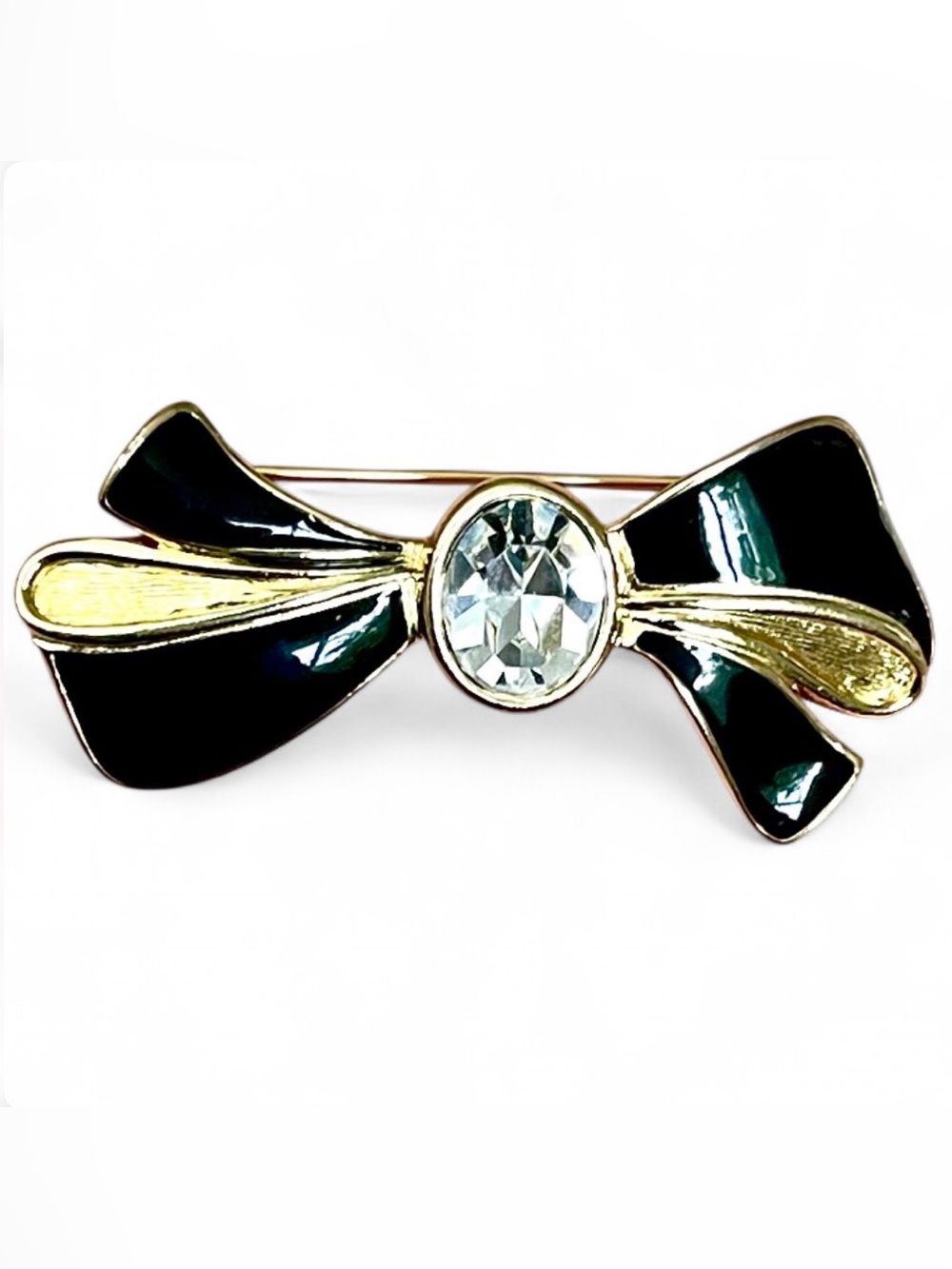 Trifari Vintage Black Enamel Bow Brooch Pin Sparkling Rhinestone Gold Tone Chic